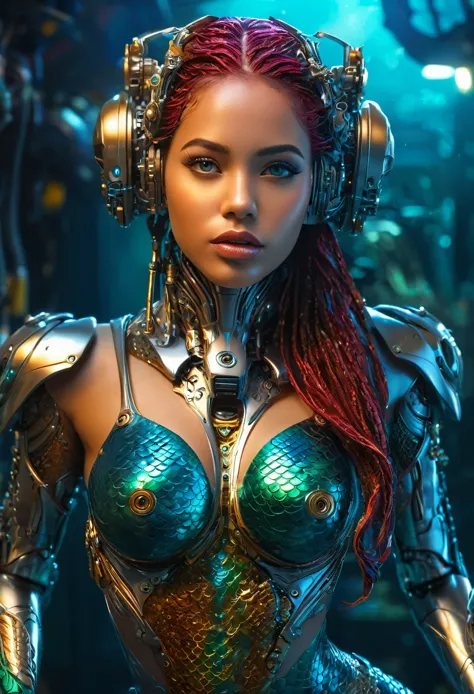 mermaid, cyborg, full body, detailed face, beautiful eyes, detailed lips, intricate details, mechanical parts, futuristic, digit...
