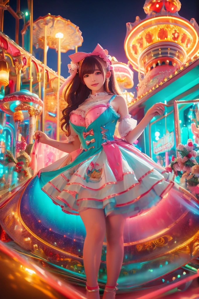 best quality, 8k, highly detailed face and skin texture, high resolution, huge tits japanese girl in colorfull dress stand in front of merry go round at night, under the light, full body, sharp focus