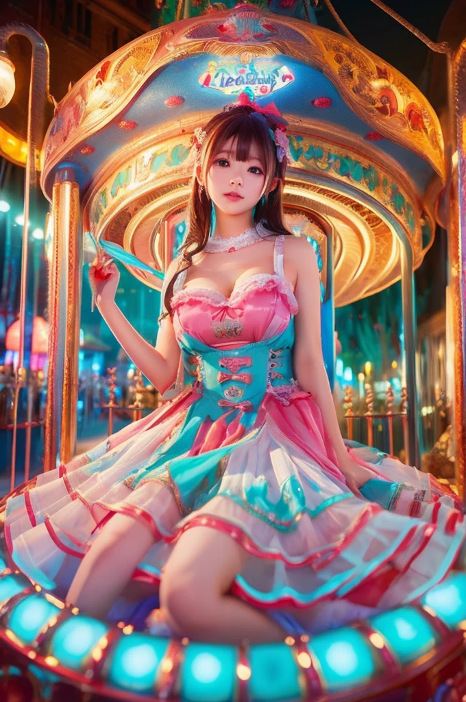 best quality, 8k, highly detailed face and skin texture, high resolution, huge tits japanese girl in colorfull dress stand in front of merry go round at night, under the light, full body, sharp focus