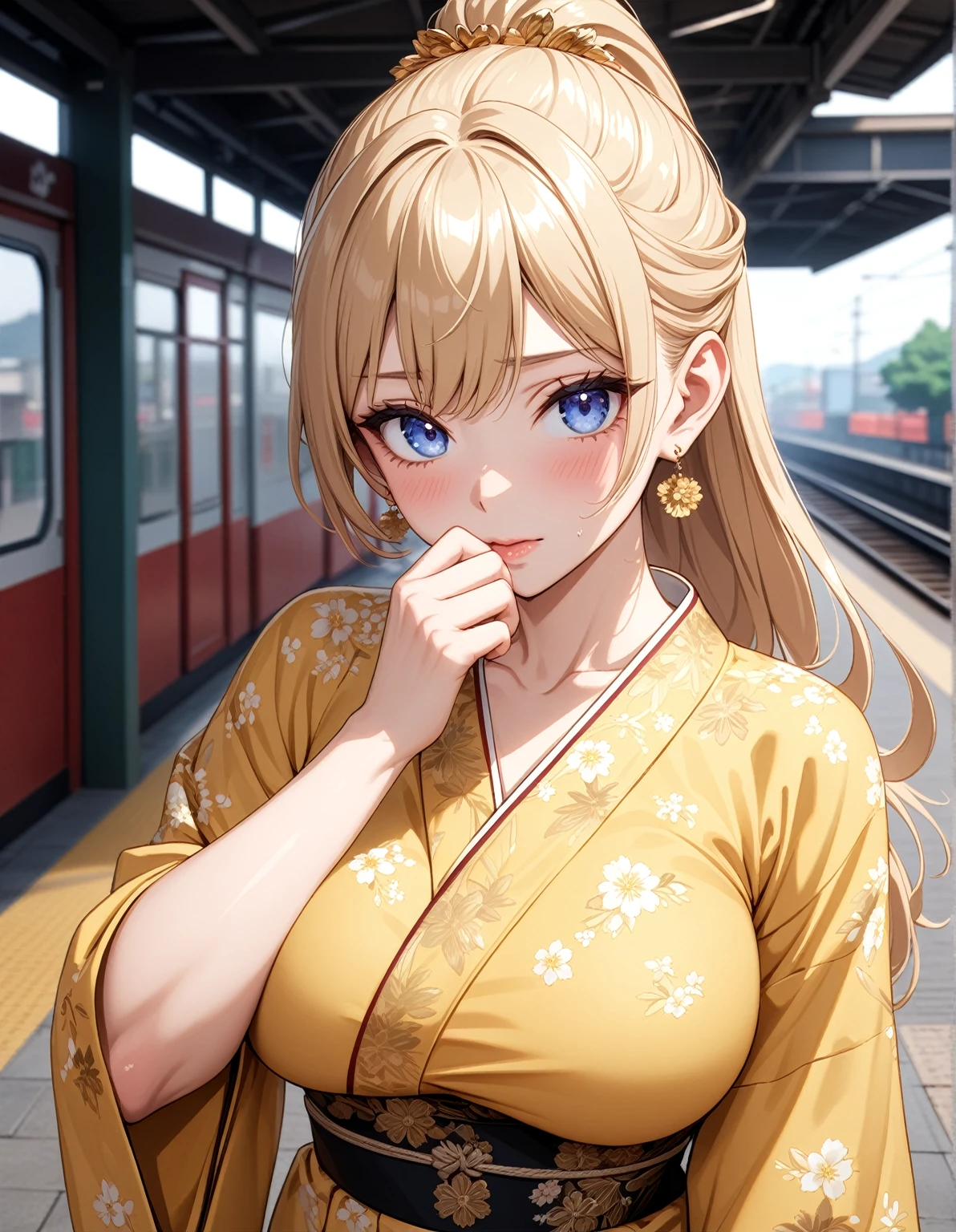 ((One woman)), Beautiful Face,(Cover your mouth with both hands),Sweat,Blushing,Glossy pink lips,Daytime,Meet at the station platform, ((Anime style background)),masterpiece, highest quality, so beautiful, up to date, Complex details, (Pink long nails),AI-generated, Complex,High resolution, highest quality, super high quality,3D Images、View the viewers、3D Images,one person,Long Blonde Hair,High Ponytail,blue eyes,Anime woman posing for a photo, [[Fine grain、Colorful eyes、Shining Eyes:1.15]],(Squint your eyes:1.1),a hyperRealistic , hyperRealistic , Realistic,Blonde anime woman with long hair, Smooth anime CG art, A woman in a gold embroidered kimono, (Yellow kimono),Floral pattern,Long flower hair ornament,Big earrings,(Large Breasts:1.2),Mature Body,tall,Big Ass,Fine details,Narrow waist,Six-pack,