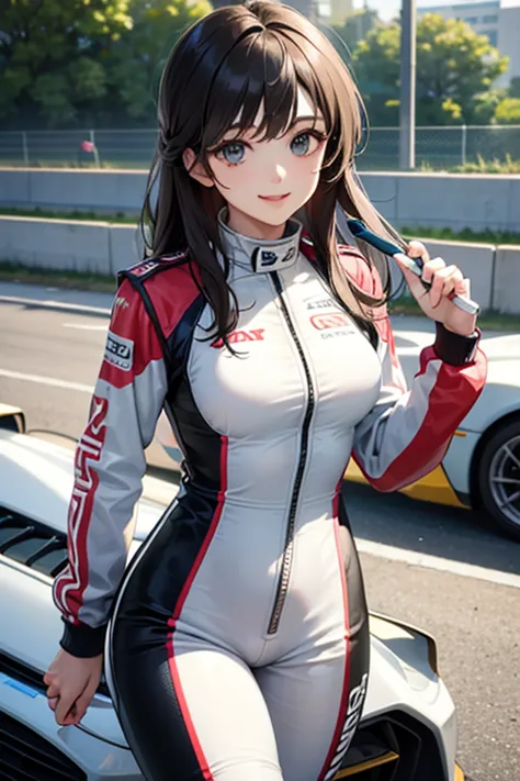 Female racing driver、Racing Suits、long hair、smile、sports car、