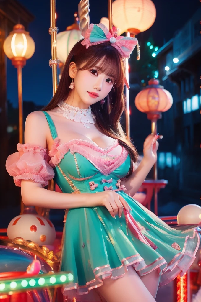 best quality, 8k, highly detailed face and skin texture, high resolution, big tits japanese girl in colorfull dress stand in front of merry go round at night, under the light, full body, sharp focus