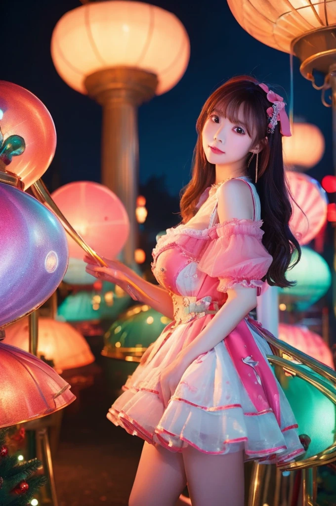 best quality, 8k, highly detailed face and skin texture, high resolution, big tits japanese girl in colorfull dress stand in front of merry go round at night, under the light, full body, sharp focus