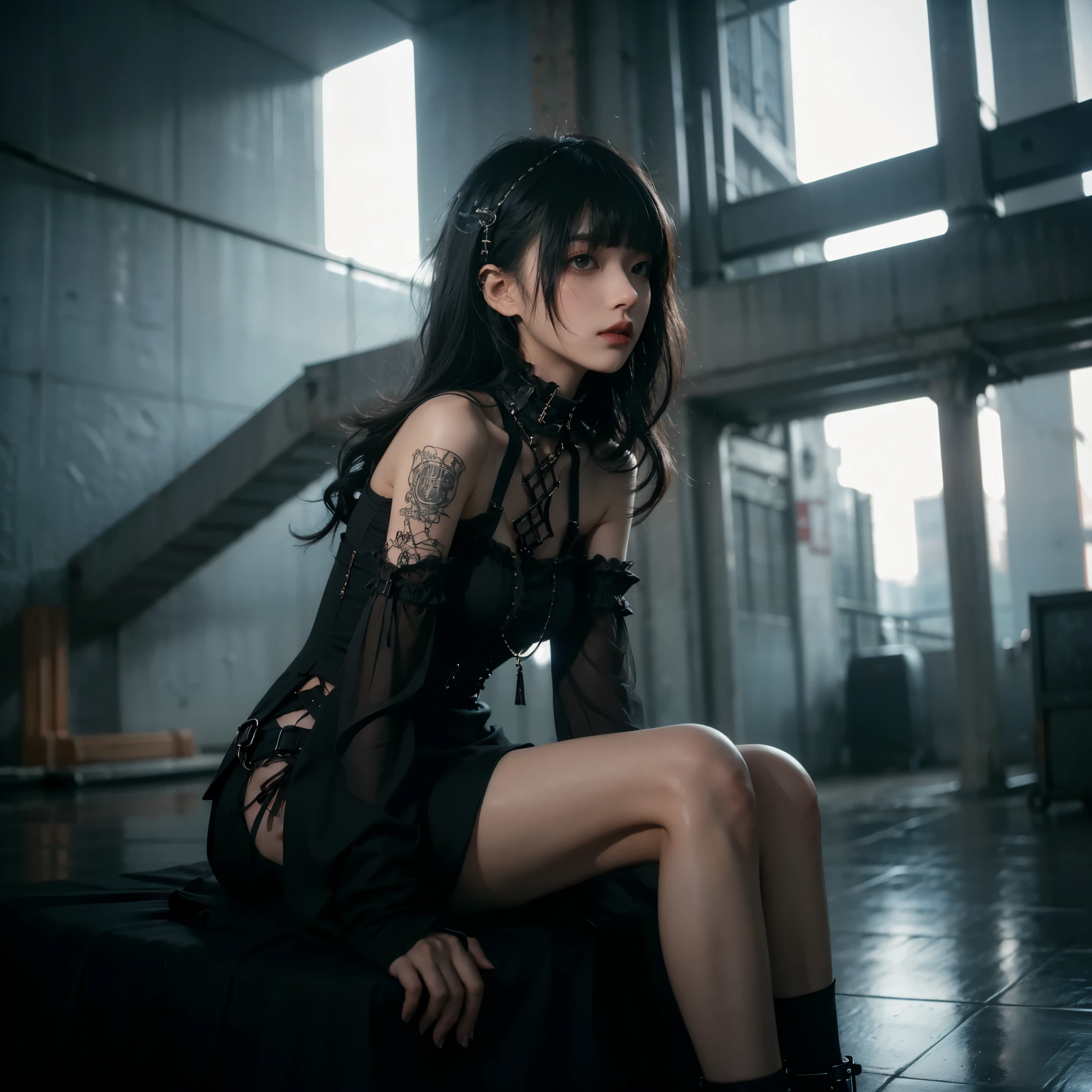 from below, technoir, moody, artistically refined, true-to-life visuals, breathtaking aesthetics, diffused natural skin glow, Girl sitting and enjoying the view, 24-years-old, slender, floating Medium Hair, bangs, (Gothic_punk dress:1.2), masterpiece, best quality, RAW Photos, candytt, zwd,