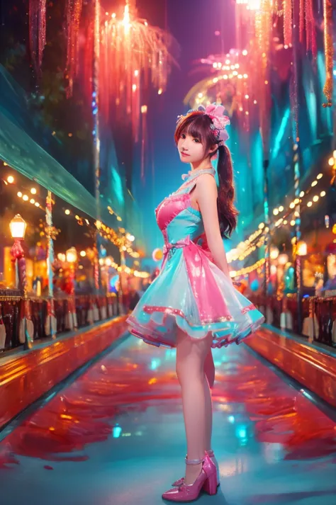 best quality, 8k, highly detailed face and skin texture, high resolution, sexy japanese girl in colorfull dress stand in front o...