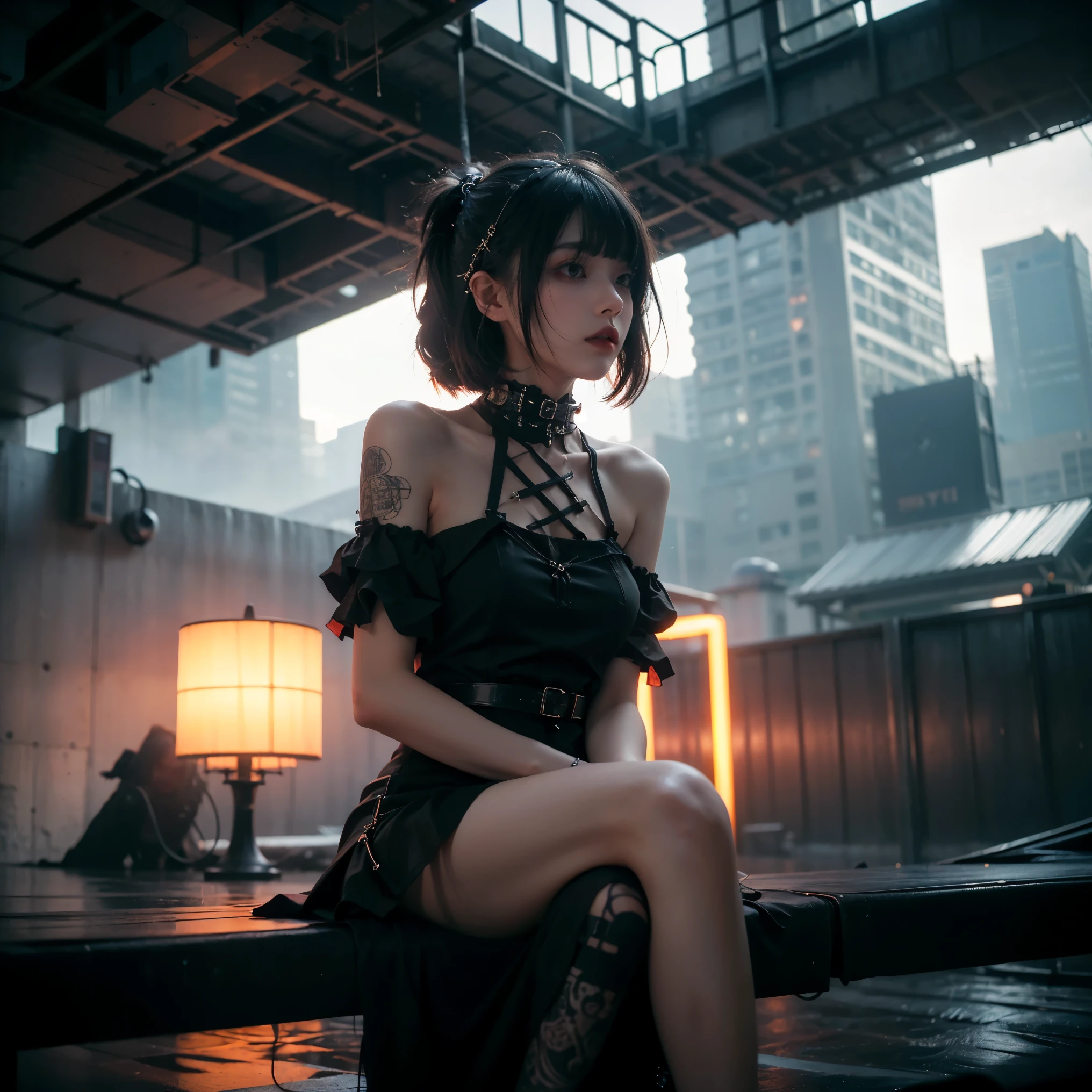 from below, technoir, moody, artistically refined, true-to-life visuals, breathtaking aesthetics, diffused natural skin glow, Girl sitting and enjoying the view, 24-years-old, slender, floating Medium Hair, bangs, (Gothic_punk dress:1.2), masterpiece, best quality, RAW Photos, candytt, zwd,