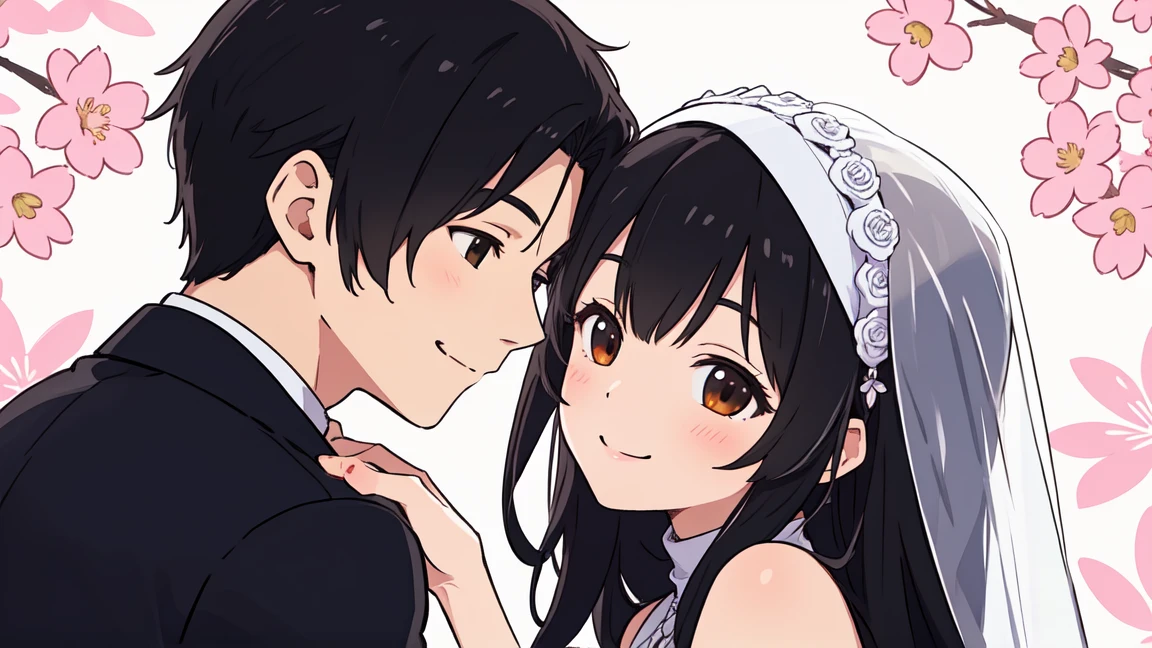 Beautiful wedding scene, two characters, groom with black hair styled like Loid from Spy x Family, wearing a black blazer, bride in an elegant white dress with an Islamic hijab, both smiling happily, stunningly beautiful faces, joyful expressions, romantic background with blooming sakura flowers and soft lighting