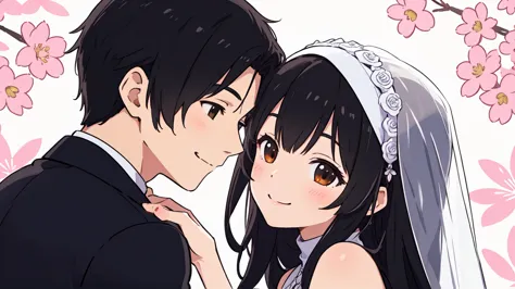 Beautiful wedding scene, two characters, groom with black hair styled like Loid from Spy x Family, wearing a black blazer, bride...