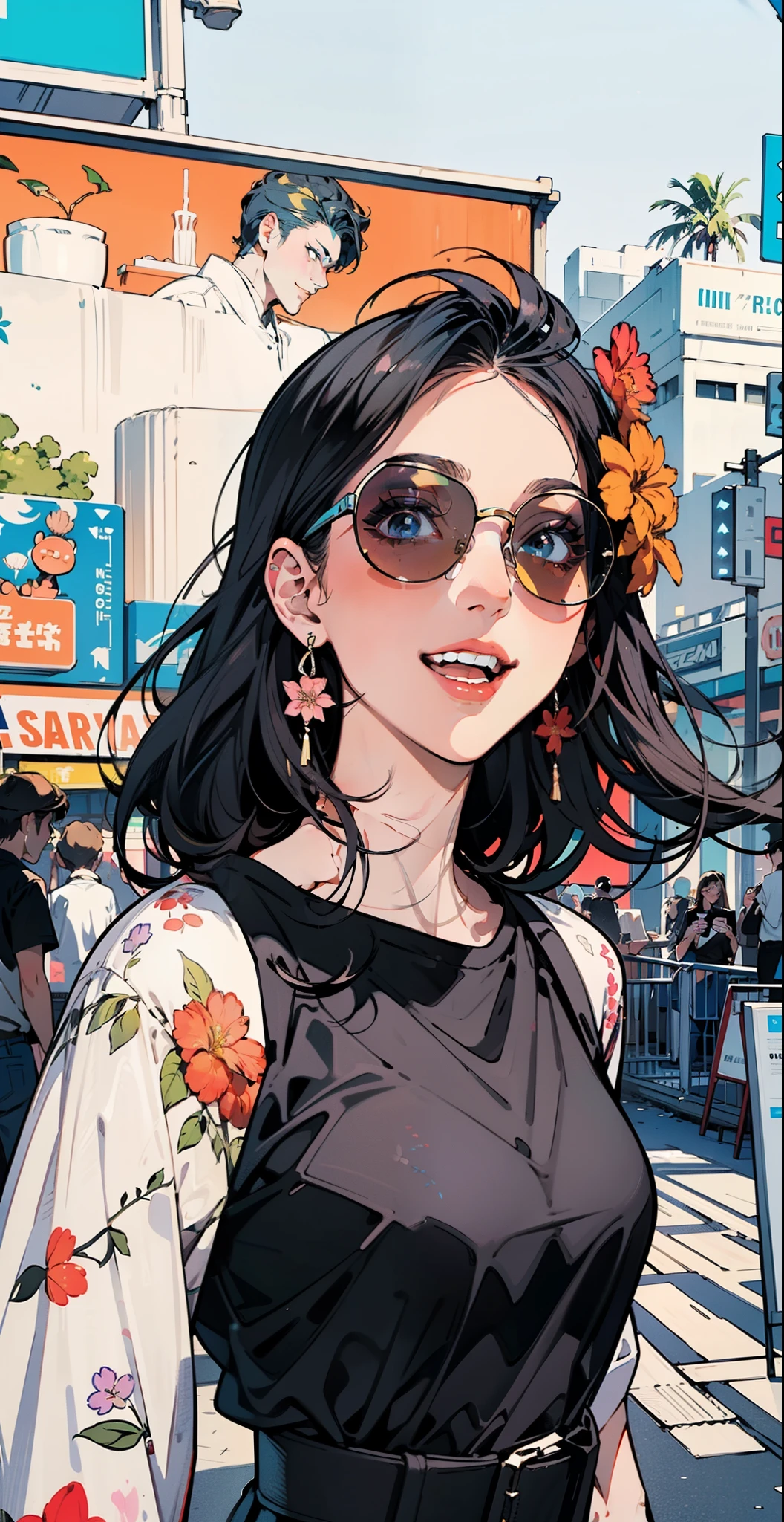 Create digital artwork in the Pop Art style, Featuring a vibrant and confident young Asian girl，street fashion, Movie color scheme, big smile, wink eye, sunglasses, Surrounded by vintage flower motifs, Vibrant brushstrokes,Emotions should be dynamic, Upper body, Drawing, illustration, escala cinza, tropical, Many flowers,