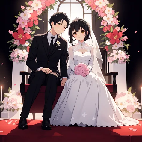 Beautiful wedding scene, two full body characters, groom with black hair styled like Loid from Spy x Family, wearing a black bla...