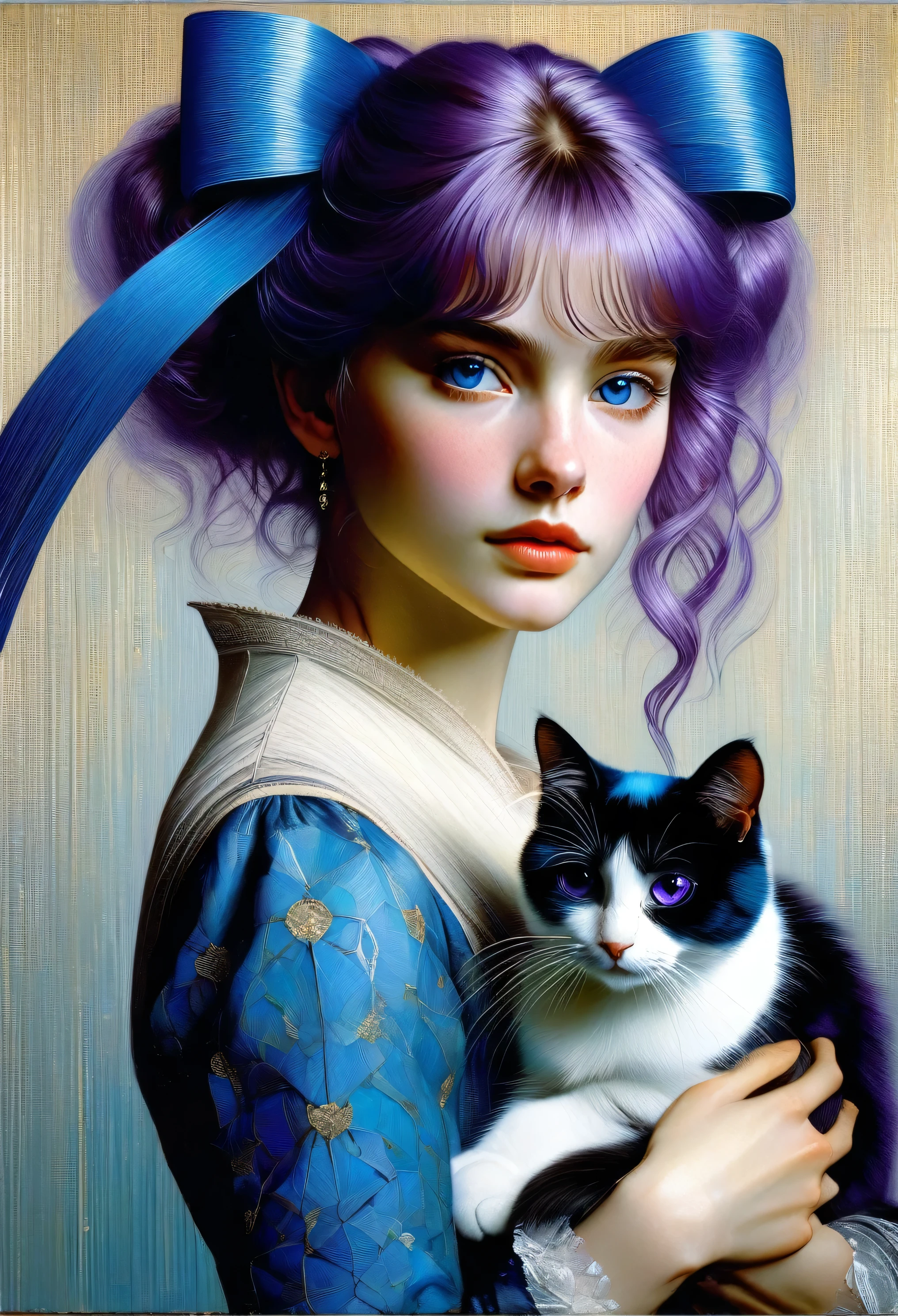 young frederica bernkastel with cat, bangs, blue bow, blue hair, blunt bangs, bow, breast hold,  cat tail, crossed arms, dress, long hair, long sleeves, purple eyes ((style of Casey-Baugh)), ((perfect detail)), Renaissance, pin-dot art,((oil painting knife)), rainessanse older gradient, Complex details, intricate, aesthetics, ((best quality, Masterpiece)),
((Highest detail), Octane rendering, 8K  