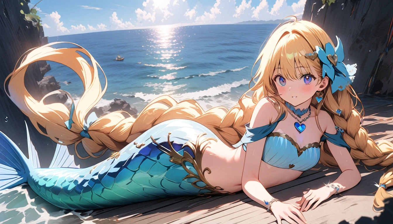 1female\(mermaid,beautiful scale reflecting prism,beautiful tail fin reflecting prism,princes,cute,kawaii,age of 20,long braid hair,blonde,eye color ocean blue,big eyes,dynamic pose,under the sea,wearing beautiful heart neck tube top,helping drown male\),1male\(prince,beautiful,age of 20,drown at sea\) ,quality\(8k,wallpaper of extremely detailed CG unit, ​masterpiece,hight resolution,top-quality,top-quality real texture skin,hyper realisitic,increase the resolution,RAW photos,best qualtiy,highly detailed,the wallpaper,cinematic lighting,ray trace,golden ratio\),landscape,[nsfw]