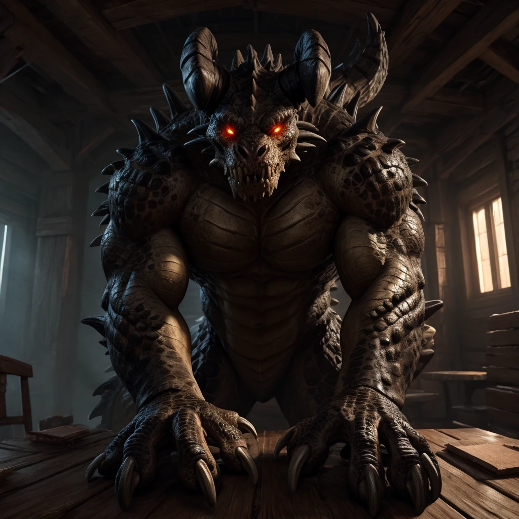 solo, male, deathclaw, scales, glowing eyes, gendou pose, hands together, elbows on table, front view, detailed, hi res, masterpiece, best quality, 