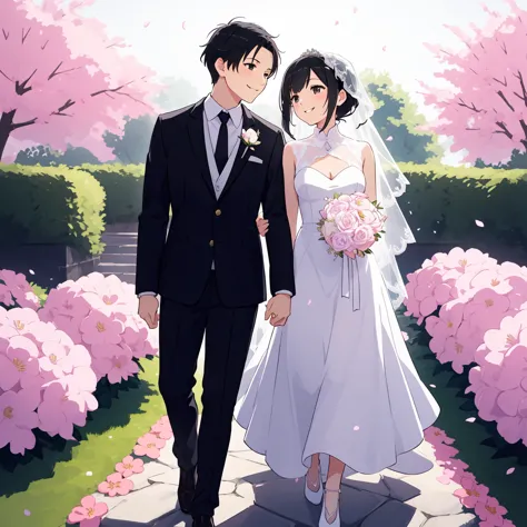 Beautiful wedding scene, two characters, both standing, full body view, groom with black hair styled like Loid from Spy x Family...