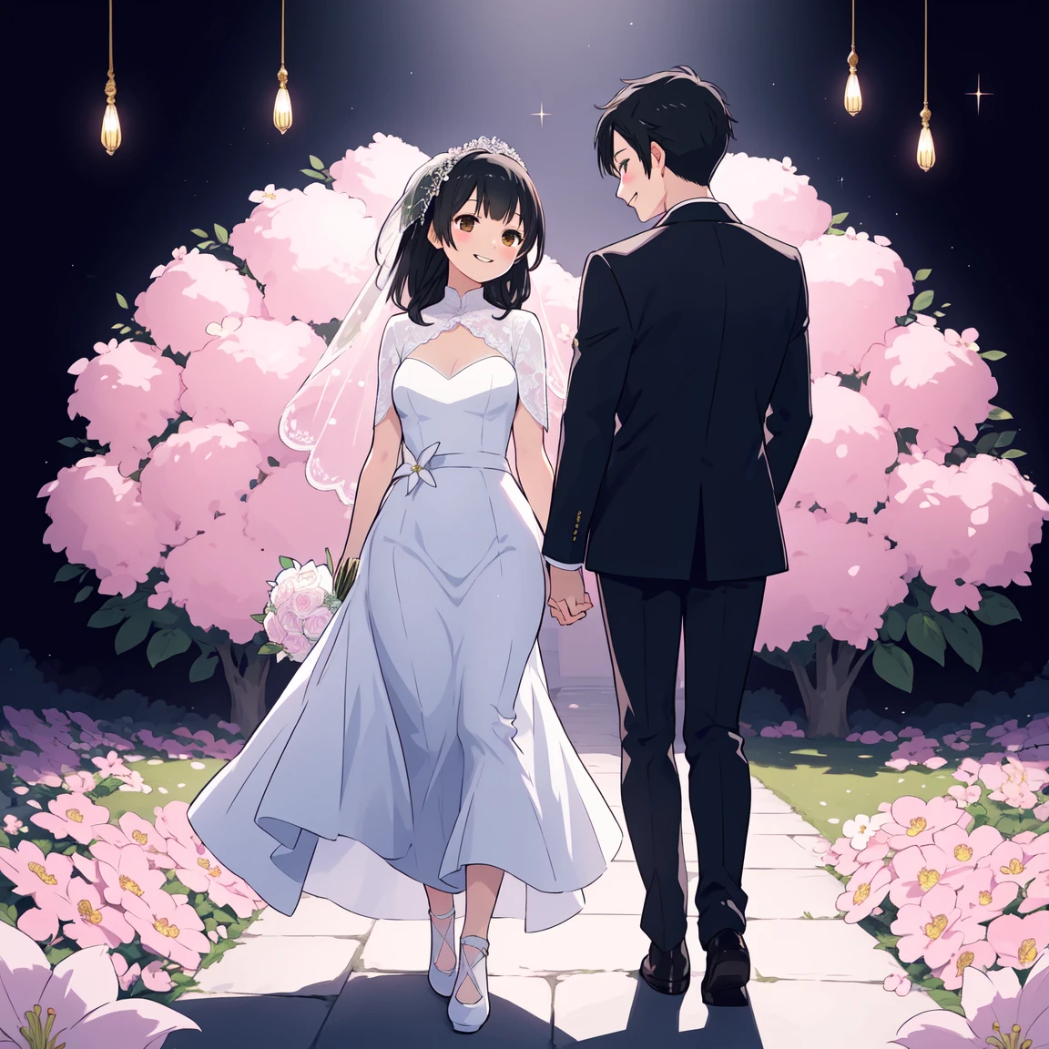 Beautiful wedding scene, two characters, both standing, full body view, groom with black hair styled like Loid from Spy x Family, wearing a black blazer, bride in an elegant white dress with an Islamic hijab, both smiling happily, stunningly beautiful faces, joyful expressions, romantic background in a sakura garden with blooming flowers and soft lighting