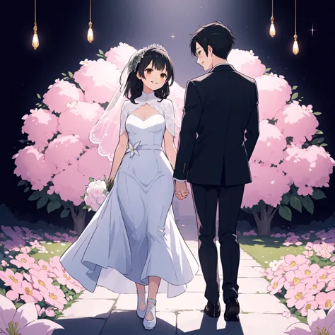 Beautiful wedding scene, two characters, both standing, full body view, groom with black hair styled like Loid from Spy x Family...