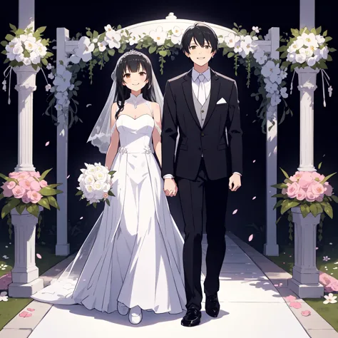Beautiful wedding scene, two characters, both standing, full body view, groom with black hair styled like Loid from Spy x Family...