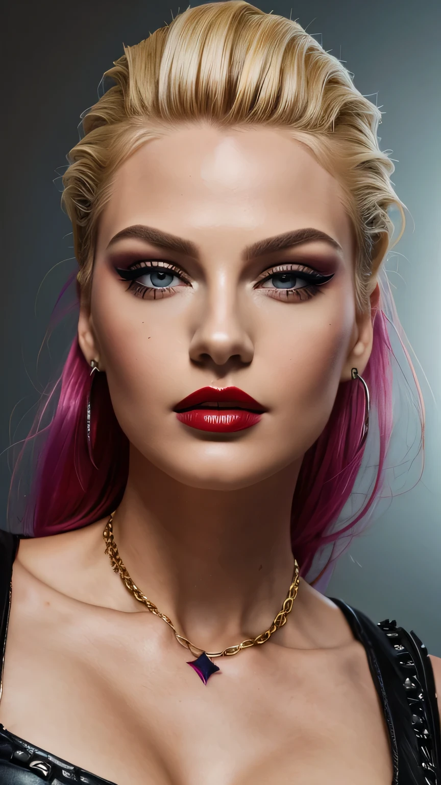 Rotes Make-up, roter Lippenstift, zurückgekämmte blonde Haare, Detailliertes Gesicht, detaillierte Lippen, feinkörnig,modell mädchen, Fachmann:1.6, (最gute Qualität, 4K, 8k, Hohe Auflösung, Meisterwerk:1.2),ultra-detailliert, Realist, Punk Style, Mode-Punk, ((Oberkörperporträt)), Kleidung mit Stacheln, Kettenzubehör, Rebellenpose, Mohawk-Alt, Regenbogenhaar, auffällig, nervöser Hintergrund, Studiobeleuchtung, dynamische Pose und elegante､Meisterwerk, 最gute Qualität, gute Qualität, Hohe Auflösung, (((Oberkörperporträt)))､Supergroß 