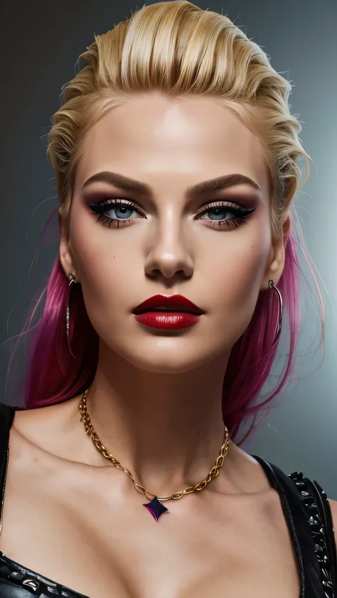 Red Makeup, Red lipstick, Slicked back blonde hair, Detailed face, Detailed lips, Fine grain,Model Girl, Professional:1.6, (最hig...