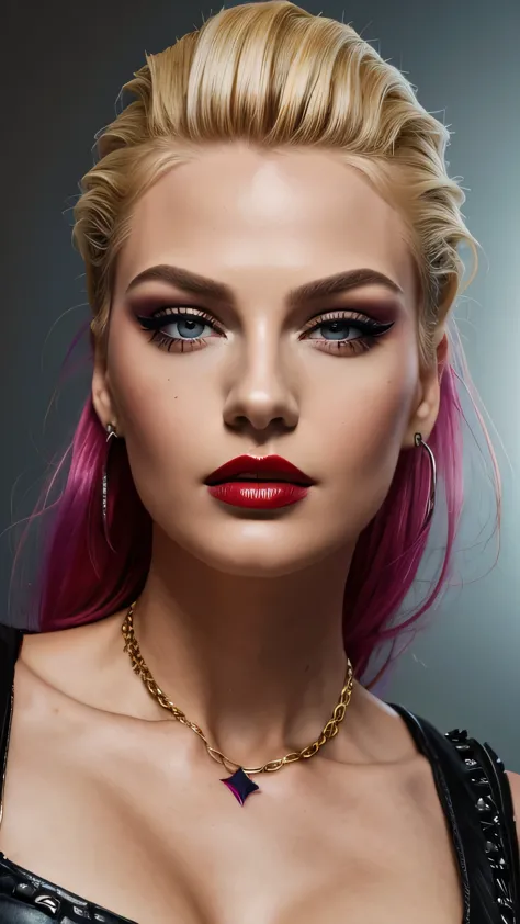 red makeup, red lipstick, slicked back blonde hair, detailed face, detailed lips, fine grain,model girl, professional:1.6, (最hig...