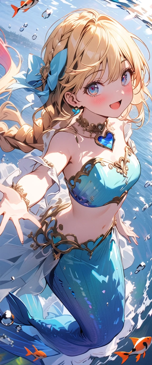 1female\((mermaid),lowerbody is fish,beautiful scale reflecting prism,beautiful tail fin reflecting prism,princes,cute,kawaii,age of 20,long braid hair,blonde,(singing a beautiful song:1,4),eye color ocean blue,big eyes,dynamic pose,open mouth loud,(looking up),under the sea,happy,wearing beautiful heart neck tube top,(music notes around),(full body:1.6)\), BREAK ,background\((under the beautiful clean sea),beautiful fishes,\), BREAK ,quality\(8k,wallpaper of extremely detailed CG unit, ​masterpiece,hight resolution,top-quality,top-quality real texture skin,hyper realisitic,increase the resolution,RAW photos,best qualtiy,highly detailed,the wallpaper,cinematic lighting,ray trace,golden ratio\),,landscape,[nsfw]