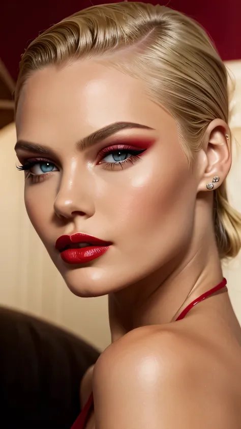 Red Makeup,  Red lipstick, Slicked back blonde hair, Detailed face, Detailed lips, Fine grain, 