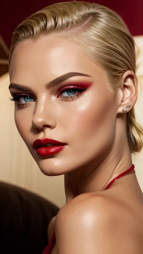 red makeup,  red lipstick, slicked back blonde hair, detailed face, detailed lips, fine grain,