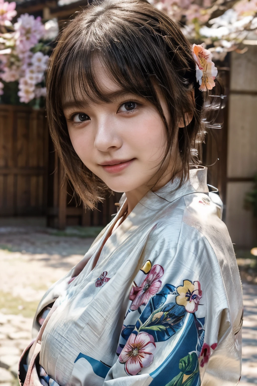 Realistic, High resolution, 1 female, Glowing Skin, alone, Wide lips,Color Contact Lenses,Weight 40kg,round face,Flower pattern kimono,Full Body Shot,Realistic skin texture,Genuine,Detailed face,Mr.々A pose,Female college student,Young face,Idol body type,Snow-white skin,short hair,Wavy Hair,1,Outdoor,smile