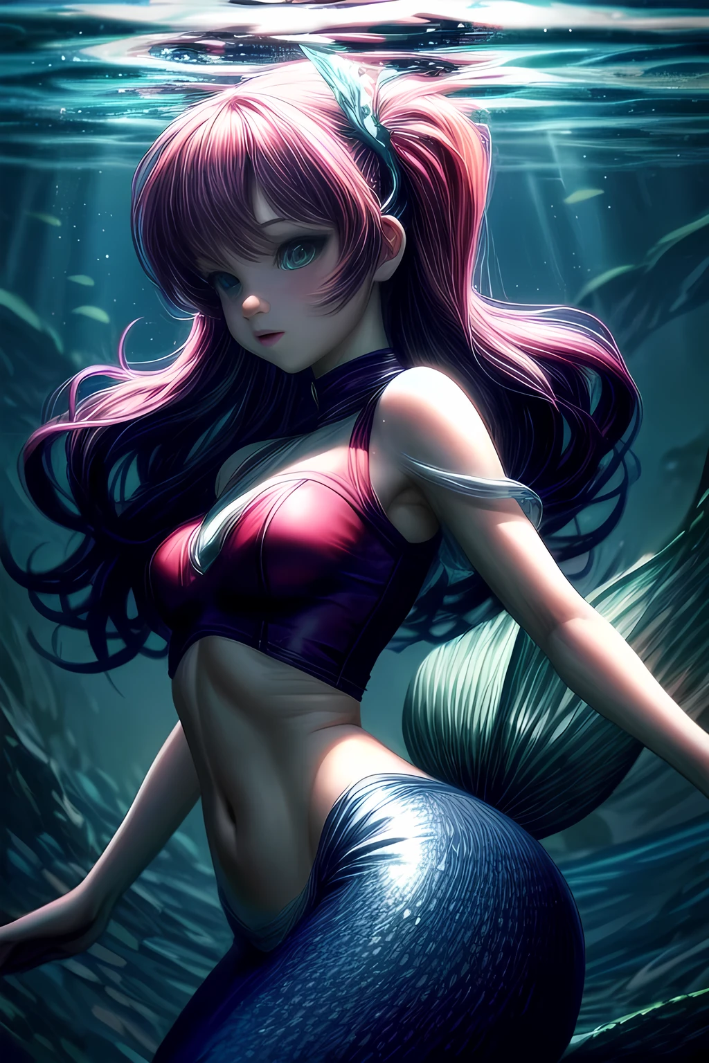 The Little Mermaid, under the sea, detailed fish tail, high-neck shirts, front view, large breasts