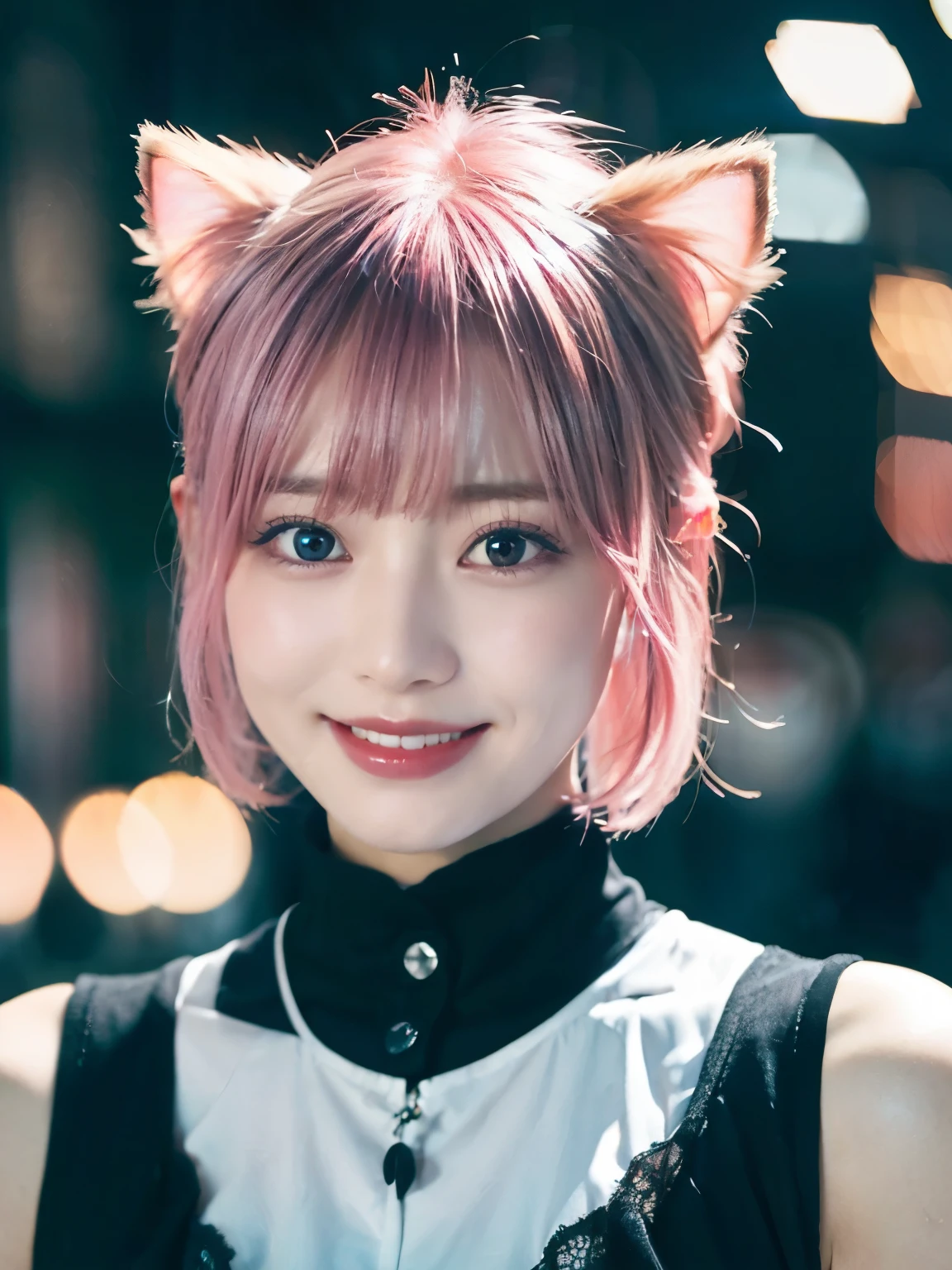 最high quality, masterpiece, 32k、Very detailed、Realistic、1 girl, Japanese women、Cute Face, (photo Actual:1.3),Bob Hair(red pink hair color、Pink Hairstyles)、Edge lighting, (Skin with attention to detail:1.2), 8k超High resolution, Single-lens reflex camera, high quality, High resolution, 4K, 8k, Optimal ratio of four fingers to one thumb, (Actual:1.3), cute 1 girl, Realistic、Super Realistic、32k、Very detailed、masterpiece, 最high quality, beautiful girl, beauty、Mecha, Beautiful lighting, (Neon Light:1.2), (night:1.5), Cat ear,白いCat ear,白色のCat ear,Pink Hair,ショッキングPink Hair,濃いPink Hair,Gray Eyes,smile,Double teeth,tooth,Kiva,Sharp teeth,Heart stickers around the eyes,Heart-shaped mole near the eye,White ribbon and lace hair ornament,front,Mouth with a big smile,short hair