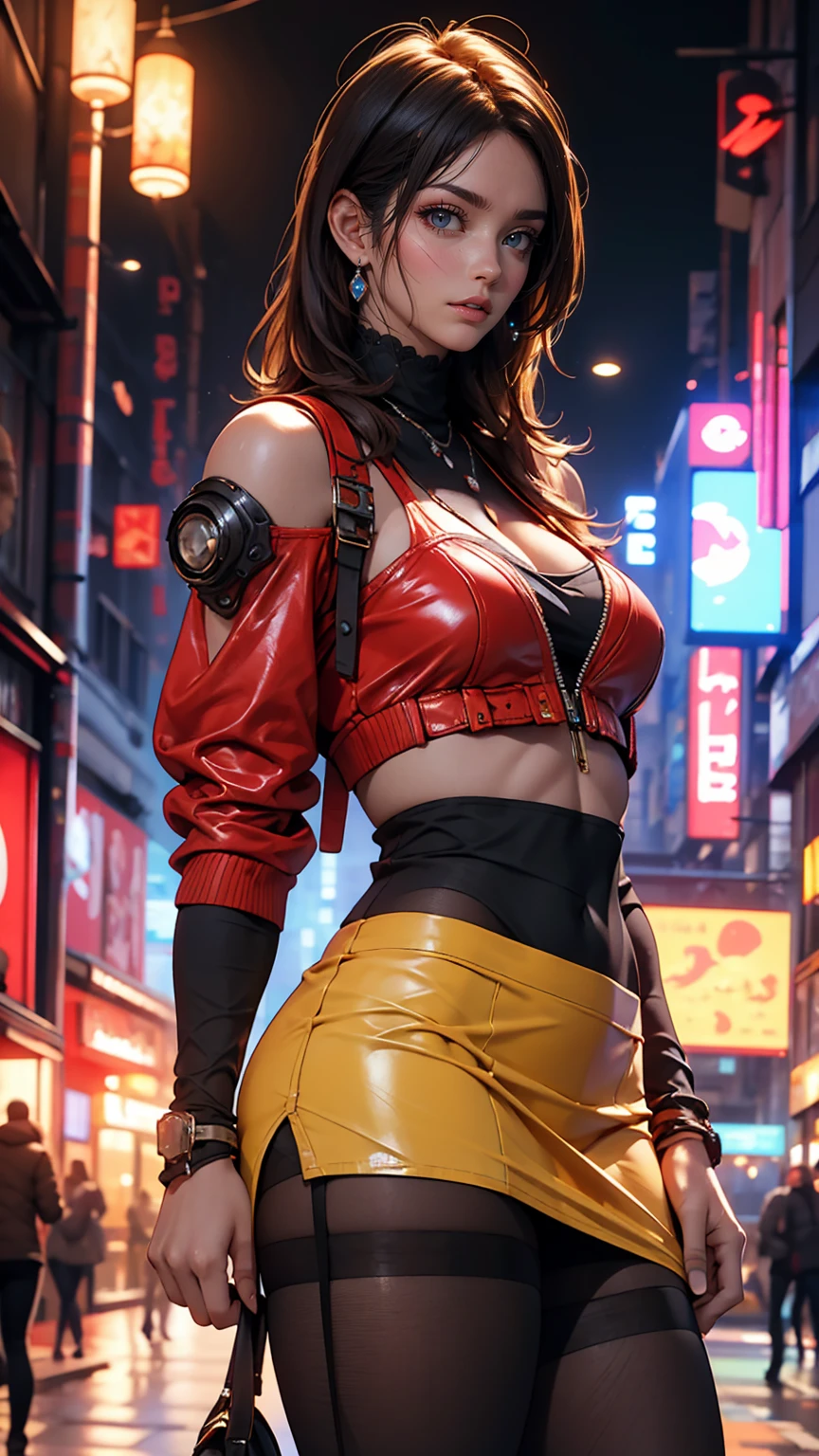 unwirkliche Engine:1.4, CG K Ultra Realistisch, Realistisch:1.4, Hauttextur:1.4, Meisterwerk:1.4, Schöne Frau in Babydoll-Dessous und roten Hotpants, Special Cyberpunk Style, CG and Realistisch image, ultra-detailed Hauttextur. A Meisterwerk creation of a woman adorned in a yellow cyberpunk-style outfit, kurzer Rock, rote Strumpfhose, Blauer Minirock, unwirkliche Engine trend, Ultrarealistische Textur, Realistisch digital art.