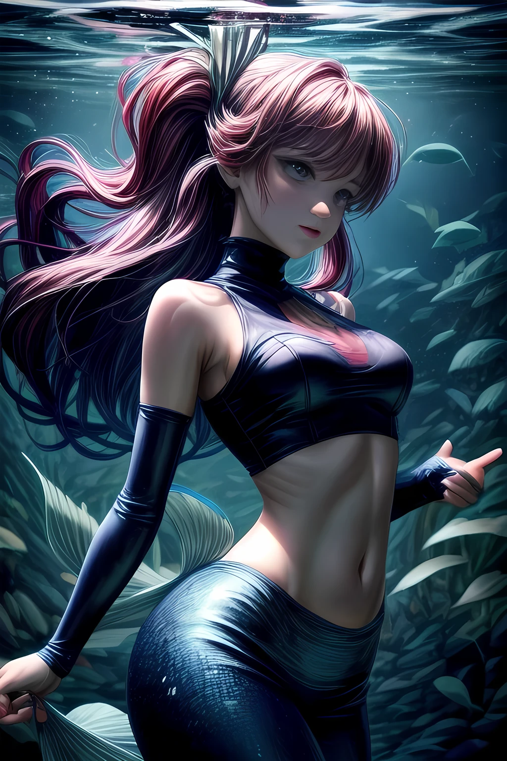 The Little Mermaid, under the sea, detailed fish tail, high-neck shirts, front view, large breasts