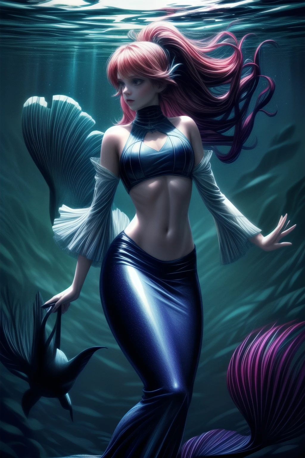 The Little Mermaid, under the sea, detailed fish tail, high-neck shirts, front view, large breasts