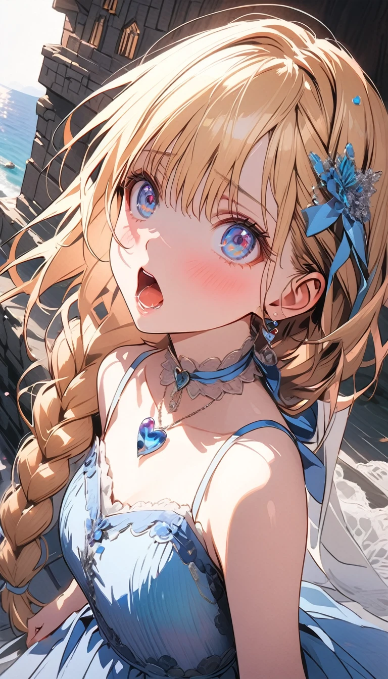 1female\(princes,cute,kawaii,age of 20,long braid hair,blonde,eye color ocean blue,big eyes,dynamic pose,open mouth loud,lost her voice,wearing beautiful heart neck dress,suffer,scared,confused,(hold her throat:1.3),looking away,looking up,open mouth loud\), BREAK ,background\(castle,seashore\), BREAK ,quality\(8k,wallpaper of extremely detailed CG unit, ​masterpiece,hight resolution,top-quality,top-quality real texture skin,hyper realisitic,increase the resolution,RAW photos,best qualtiy,highly detailed,the wallpaper,cinematic lighting,ray trace,golden ratio\),,(close up throat:1.5),[nsfw]