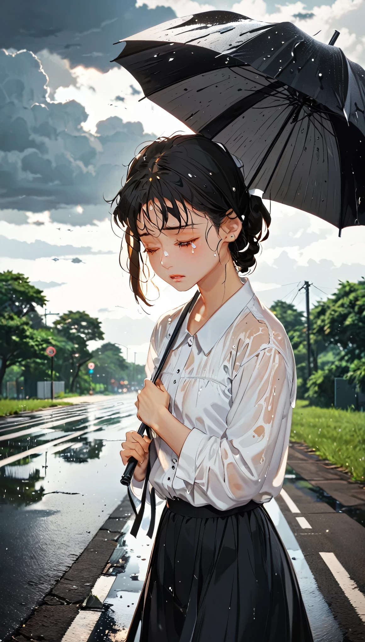 paper cutting style, 1 girl, black short hair, wearing white shirts and black skirt, Under

The girl is walking home from the park, tears streaming down her face. The road is still wet from the recent rain, and the sky is cloudy. Her expression shows sadness and regret as she wipes her tears.