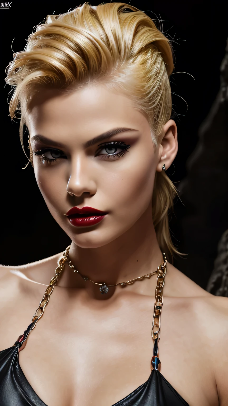 Red Makeup, Red lipstick, Slicked back blonde hair, Detailed face, Detailed lips, Fine grain,Model Girl, Professional:1.6, (最high quality, 4K, 8k, High resolution, masterpiece:1.2),Ultra-detailed, Realist, Punk Style, fashion punk, ((Upper body portrait)), Spiked clothing, Chain Accessories, Rebel pose, Mohawk Alto, Rainbow Hair, flashy, Nervous background, Studio Lighting, Dynamic pose and elegant､masterpiece, 最high quality, high quality, High resolution, (((Upper body portrait)))､ Super big , In a dimly lit cave