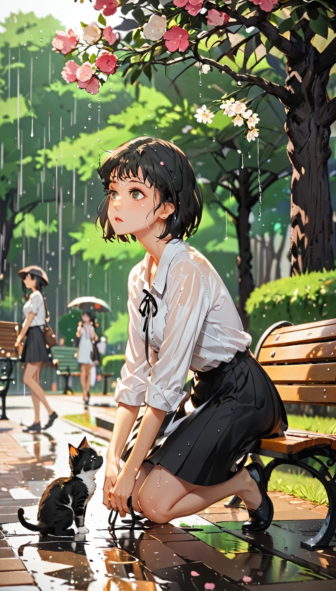 paper cutting style, 1 girl, black short hair, wearing white shirts and black skirt, Under

The girl is at a park bench, gently placing the kitten down and starting to walk away. The kitten is looking up at her, confused and sad. The rain has stopped, but the ground is still wet. The girl's body language shows the heavy weight of her decision.