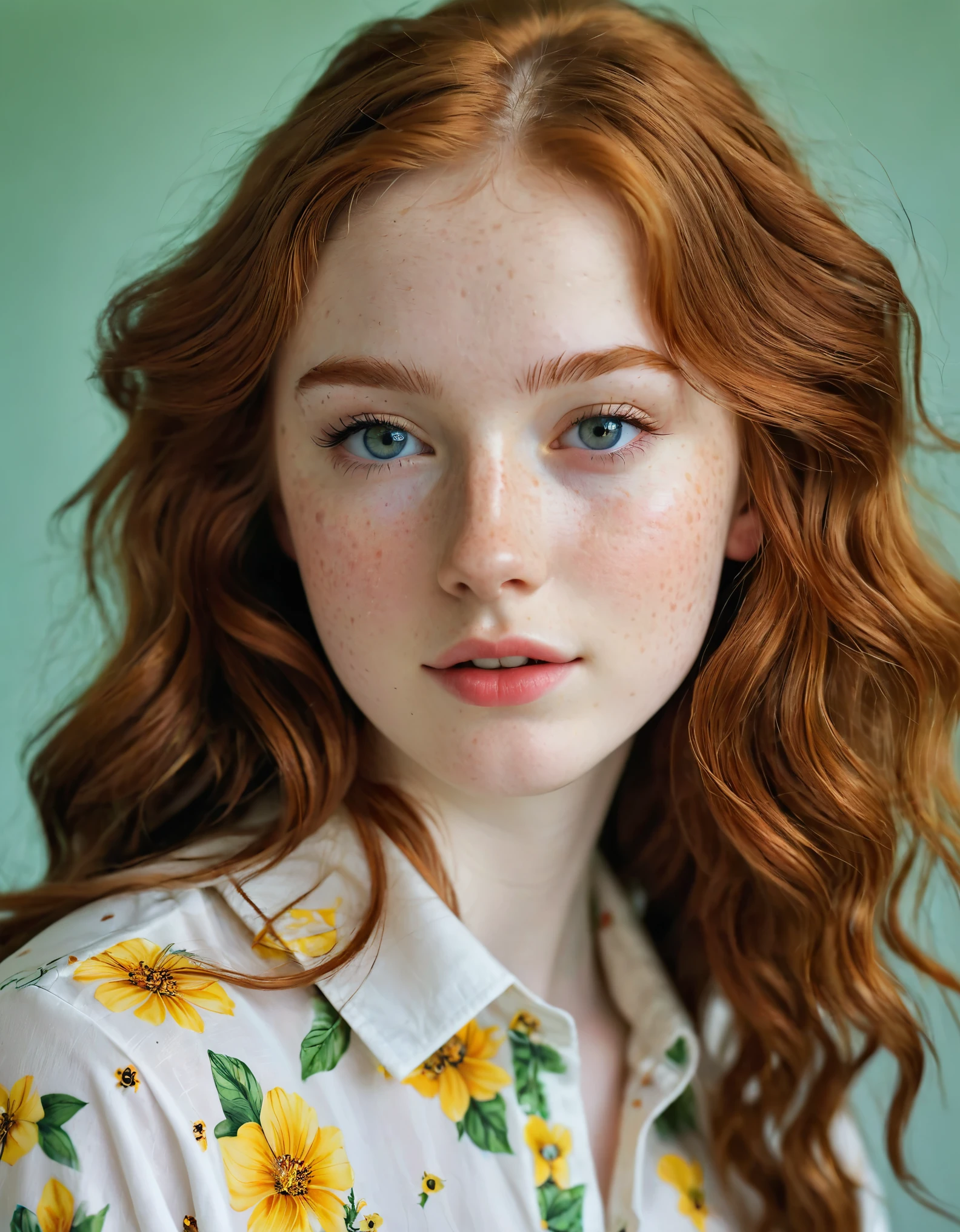 photography half body portrait of very beautiful realistic girl, 15-years-old, porcelain skin, very fair skin, very pale skin, redhead, long wavy, detail freckles skin, hazel eyes, slanted eyes, small nose, small nostril, thick curved eyebrow, thick bottom lip, seductive gaze, happy face, unique face, wear flowers shirt, detail photo, realistic photo, master piece picture, sharp picture, outdoor clear daylight