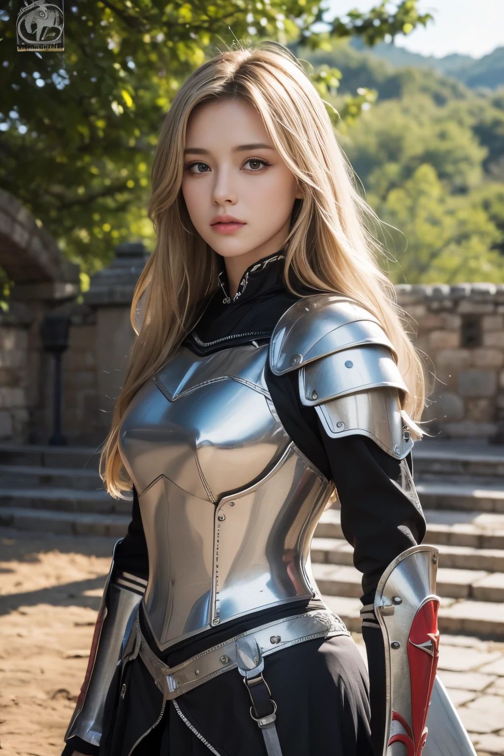 realistic lighting, top quality, 8K resolution, (masterpiece: 1.3), (clear focus: 1.2), 1 girl, delicate face, large double eyelids, sensuous expression, long blonde hair, knight, Armor, Long knives, Magic, Out, (date: 1.1), 1080p, hyper hd, group, very detailed, best quality, high detail, best quality, (cowboy_shot) , medieval castle background,