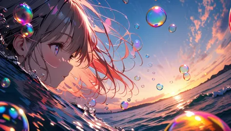 (many beautiful bubbles:1.4), BREAK ,background\(golden hour,very beautiful sea\((red:1,5)\),1knife sinking in the sea\), BREAK ...