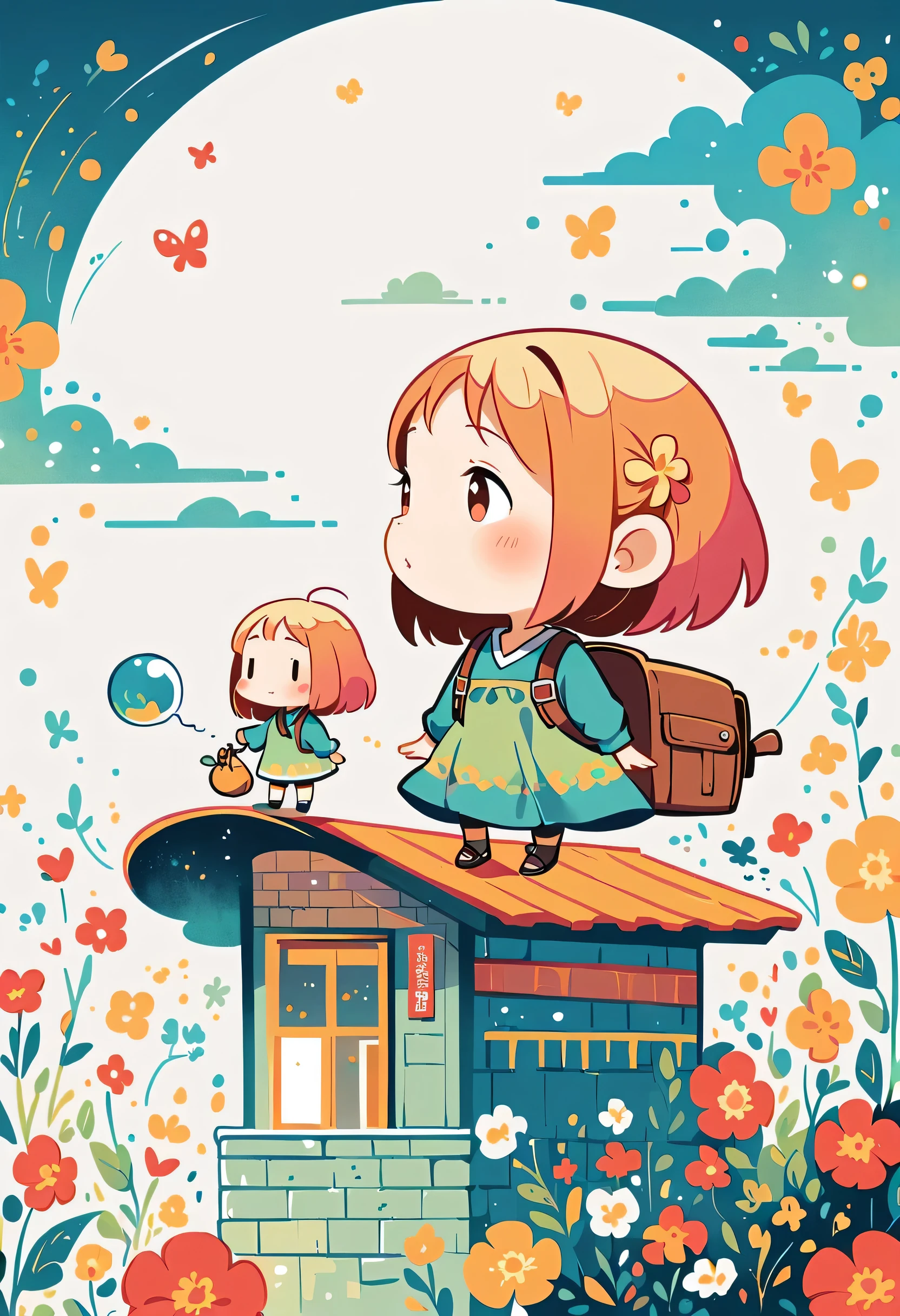 Yomu style, Standing on the roof，Girl with backpack on rooftop，My backpack is full of happy spring，Simple Line Initialism，Abstract art，Urban Background, (((The most beautiful girl))), (((chibi)))