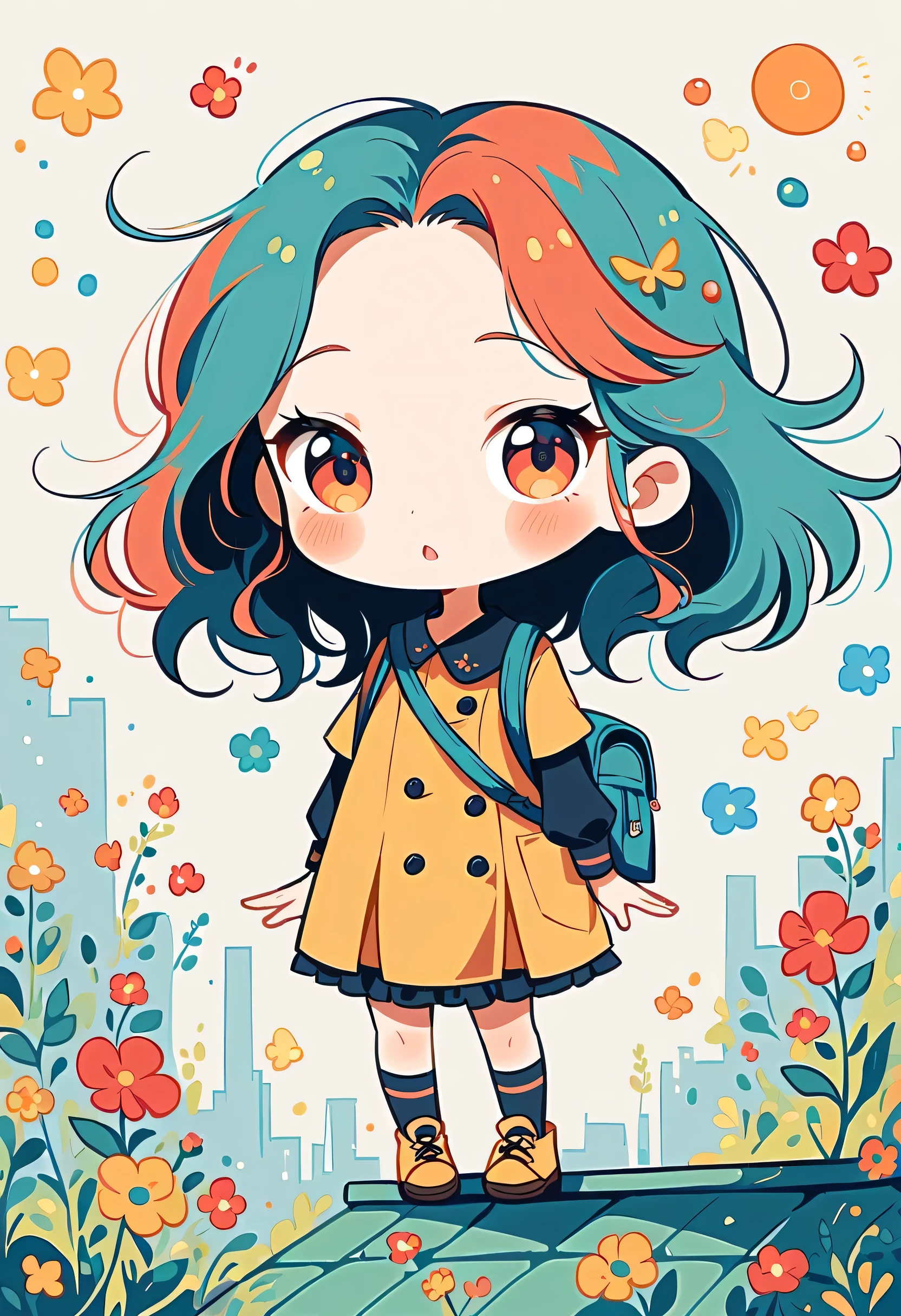 Yomu style, Standing on the roof，Girl with backpack on rooftop，My backpack is full of happy spring，Simple Line Initialism，Abstract art，Urban Background, (((The most beautiful girl))), (((chibi)))