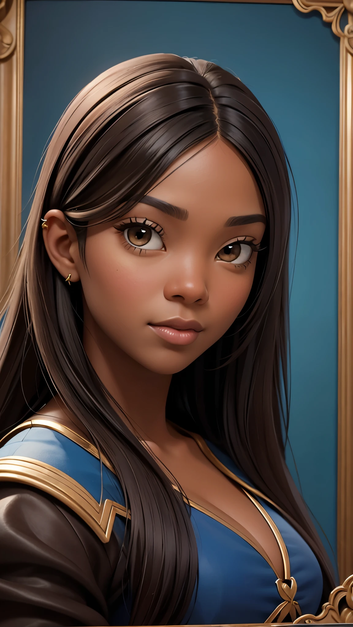 ภาพวาดสีน้ำมันโดยเลโอนาร์โดดาวินชี, ภาพเหมือนจริง, ใบหน้าโคลสอัพของ Gabrielle Union ที่มีผิวสีเข้ม, จมูกไม้มะเกลือ, ผมยาว, ดวงตาของเธอช่างอ่อนหวานและมีชีวิตชีวา, ใบหน้าของเธอสมมาตร, ผิวสีน้ำตาลกาแฟเข้มข้น, แสงคบเพลิงอันนุ่มนวลบนใบหน้าโดย REMBRADT, ภาพประกอบของอะโดบี, กำลังมาแรงบน Artstation, 8k, เอชดี, โรงภาพยนตร์, ผลงานชิ้นเอก, ศิลปะอันงดงาม, คุณภาพดีที่สุด, ยุคเรอเนซองส์, สีน้ำมันบนผ้าใบ, พื้นหลังสีน้ำเงินเข้ม 