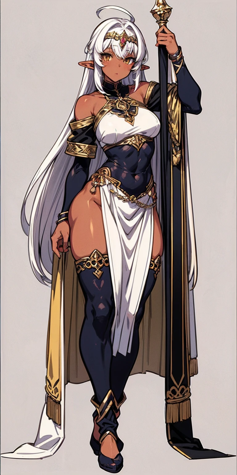 (Masterpiece, plain background:1.2) Female full body, standing straight symmetrical feet together, blood dark elf, dark skin, long messy white hair, 2longs elf ars, circlet, yellow eyes, 1990s (style), female 1sologirl