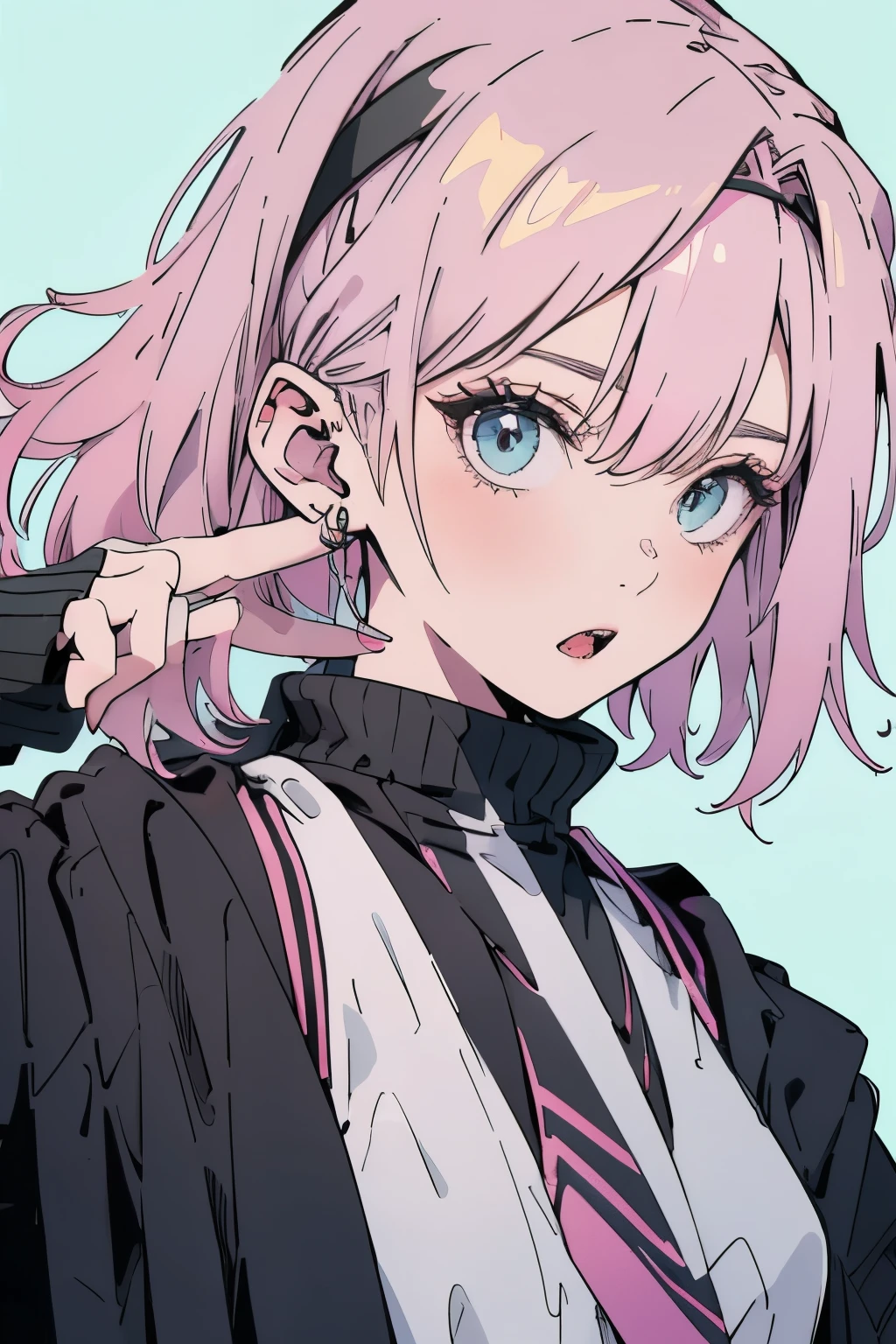Pink hair，Black clothes，White background，Facing right front，Surprised expression，With a headband，Double tail