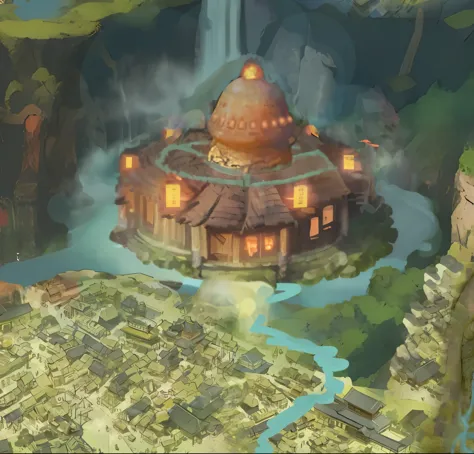 round old pallace,  torches on the roof,wood, detailed, tiny details, isometric, anime