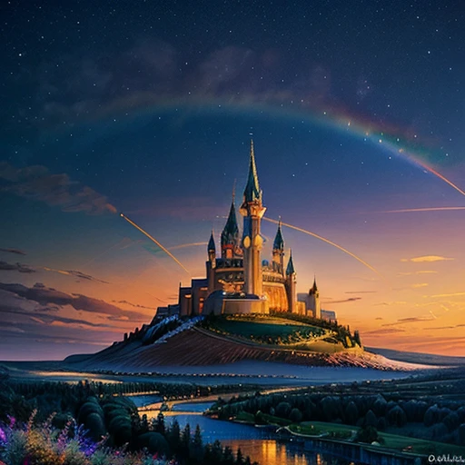 Castelo da Princesa Cinderela Disney com céu noturno e um arco-íris ao fundo