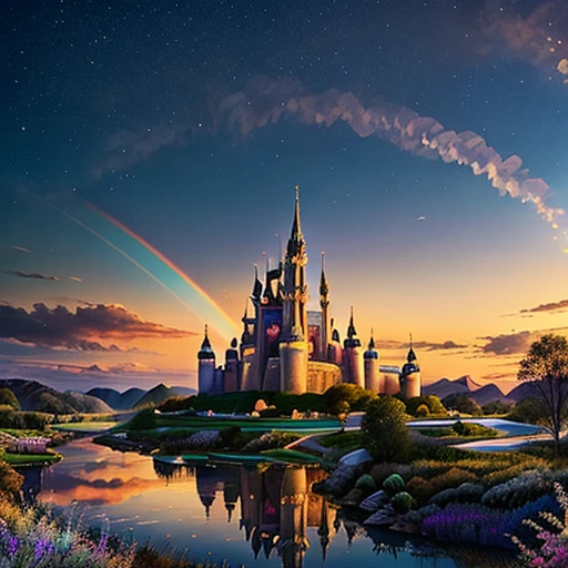 Castelo da Princesa Cinderela Disney com céu noturno e um arco-íris ao fundo