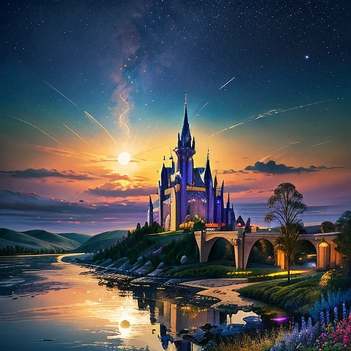 Princess Cinderella Disney castle with night sky and a rainbow in the background