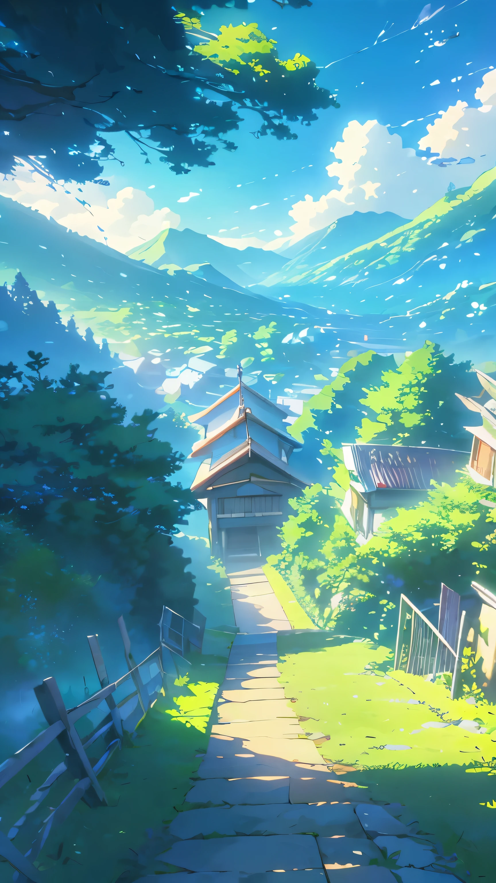 
Prompt:

Create an anime-inspired landscape featuring a serene mountain scene with a vibrant blue sky filled with fluffy, towering clouds. In the foreground, include lush green trees and foliage, leading the viewer's eye towards a tranquil river that winds through a picturesque city nestled between mountains. The city should have detailed architecture with bridges and buildings visible in the distance. The overall atmosphere should be peaceful and bright, capturing the essence of a calm, sunny day in a beautifully detailed, idyllic setting.